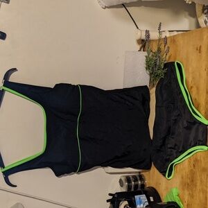 Summer Mae Maternity Tankini Swim Set Black with Neon Green Trim Large Maternity